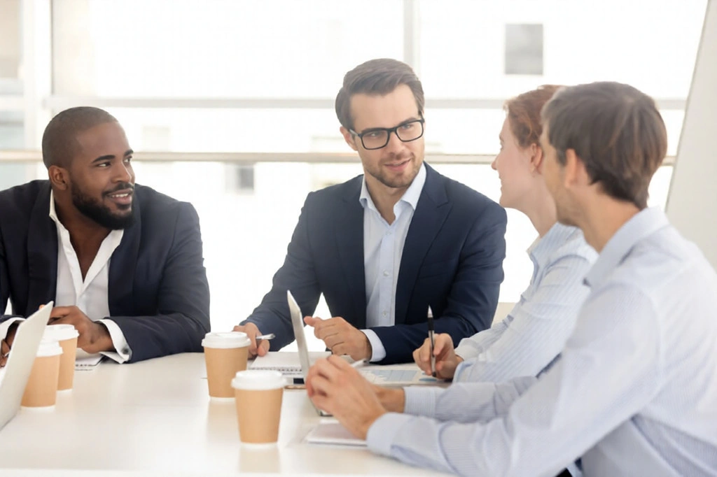 Leadership coaching session improving company culture inside a modern corporate office