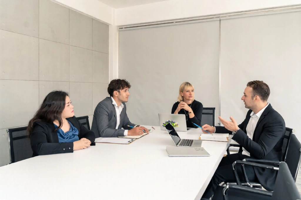 Executive leadership coaching session improving company culture, teamwork, and communication in a modern office.