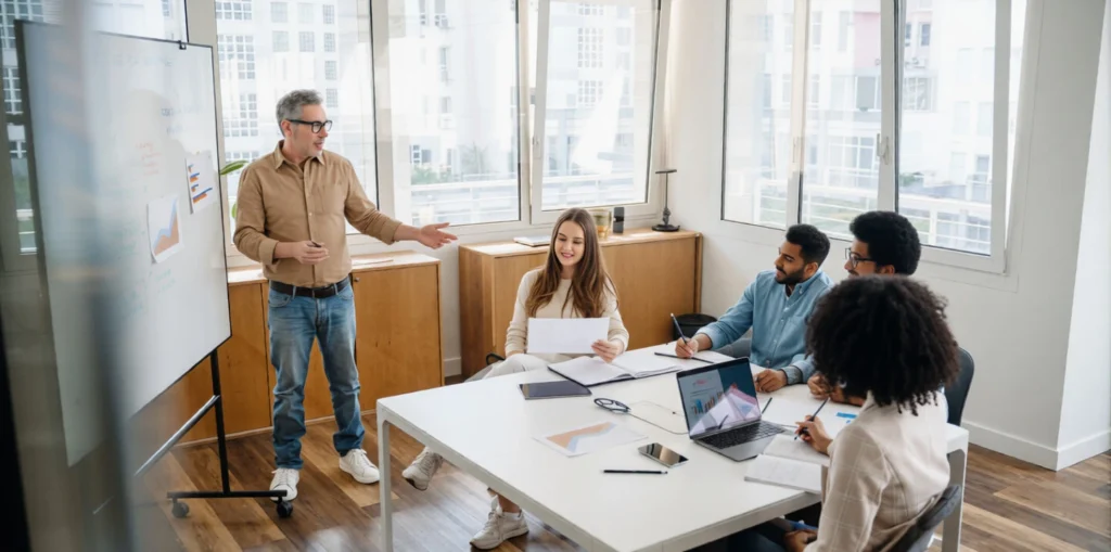Business leaders collaborating during a professional strategic planning facilitation session to drive business growth
